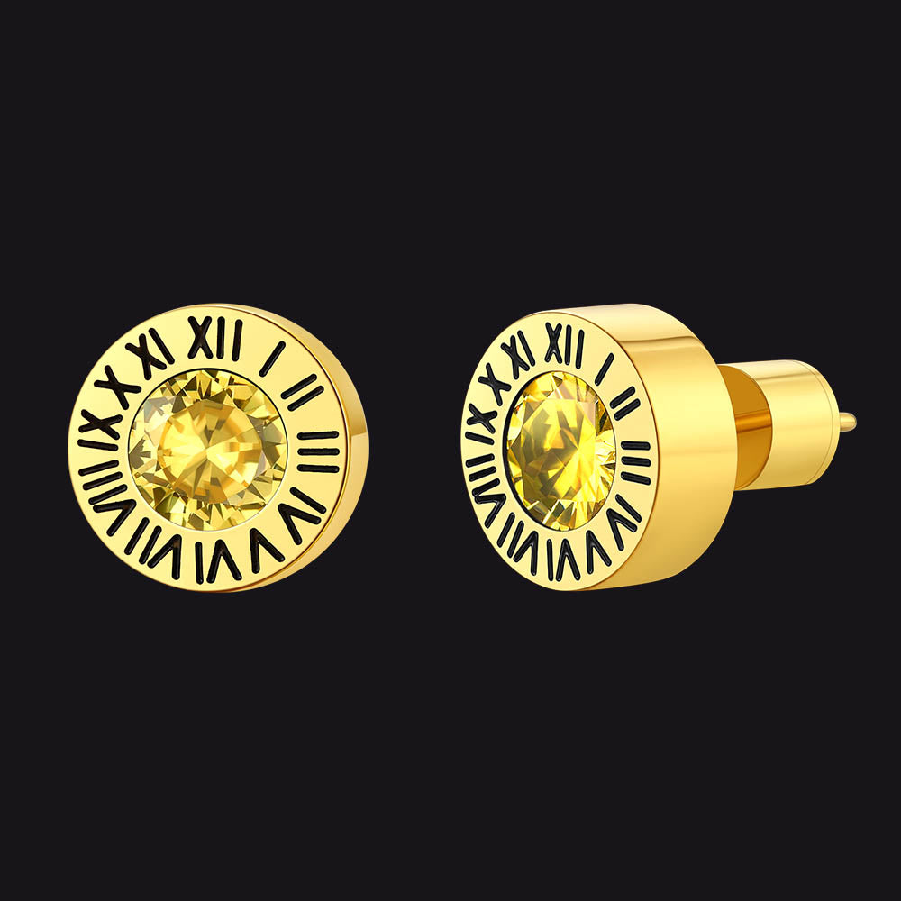 Stainless Steel Roman Numerals Birthstone Studs Earrings for Men FaithHeart Jewelry