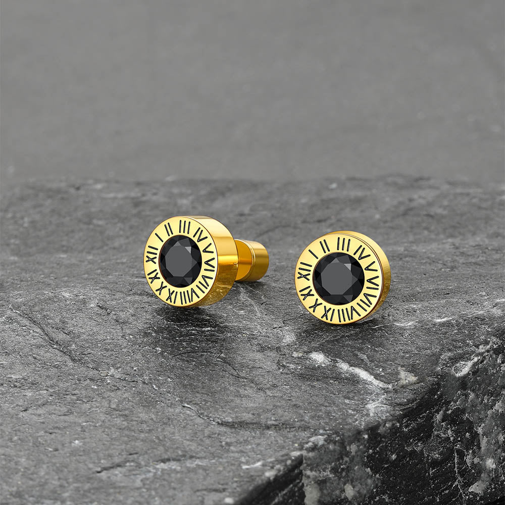 Stainless Steel Roman Numerals Birthstone Studs Earrings for Men FaithHeart Jewelry