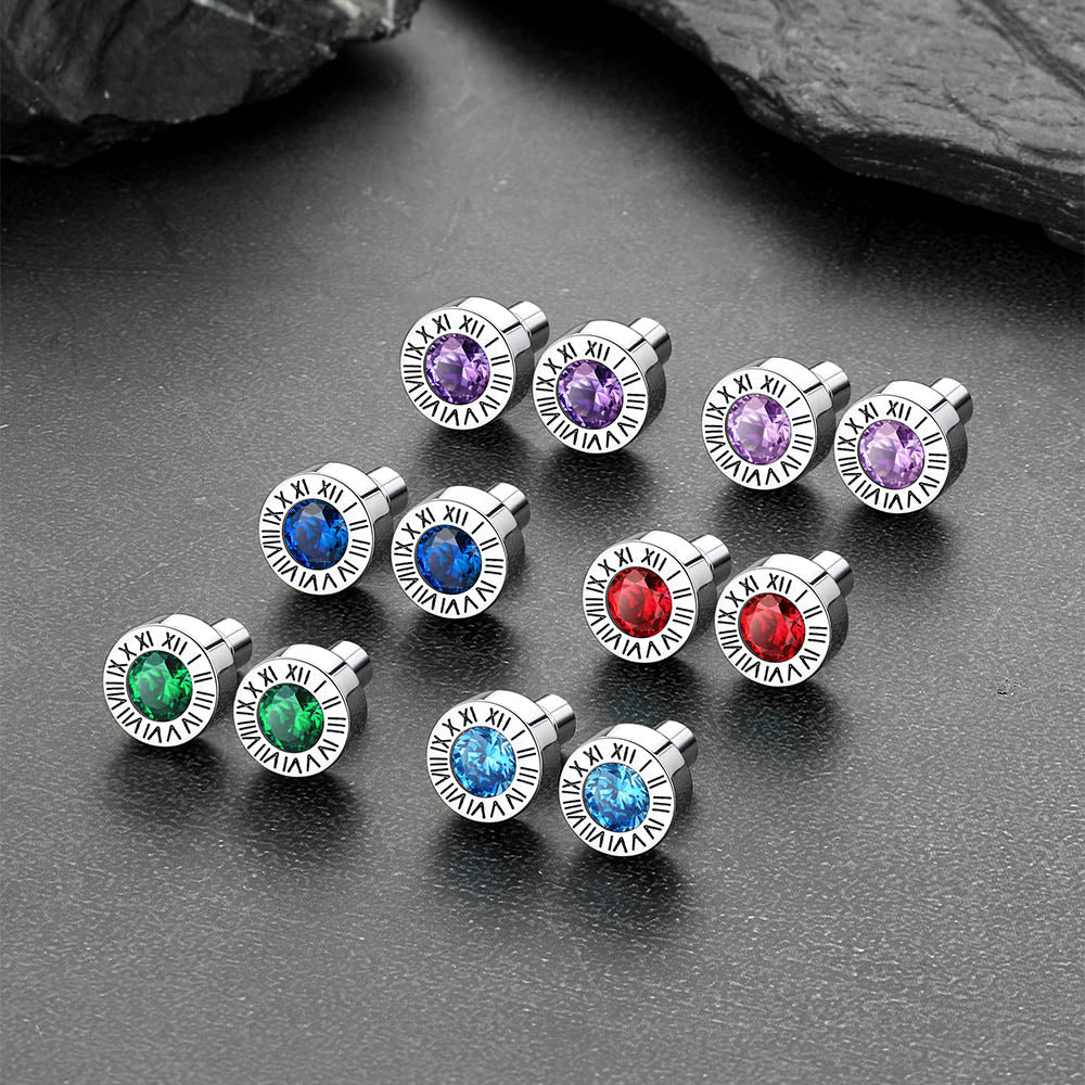 Stainless Steel Roman Numerals Birthstone Studs Earrings for Men FaithHeart Jewelry