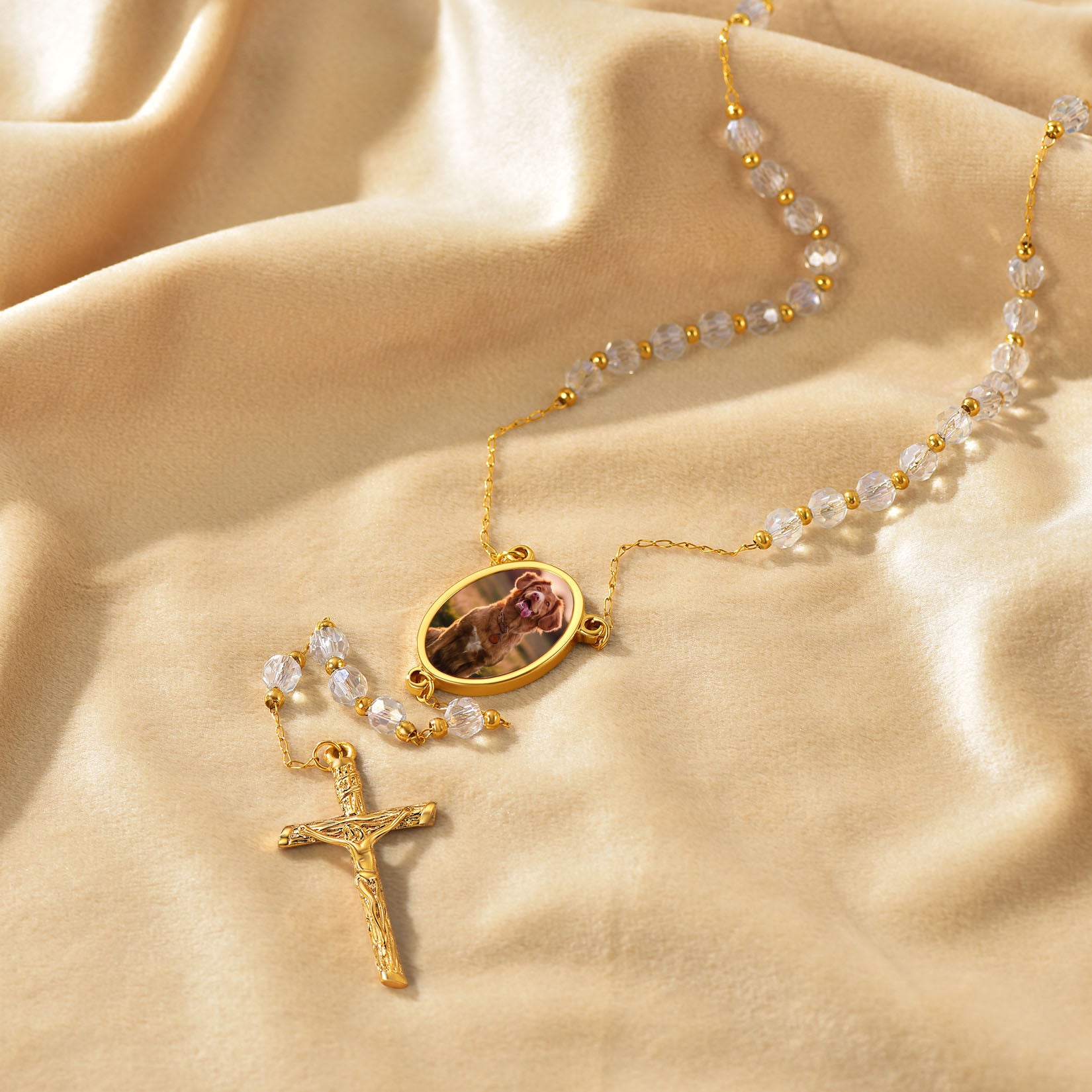 Gold Personalized Rosary Necklace with Photo Pendant