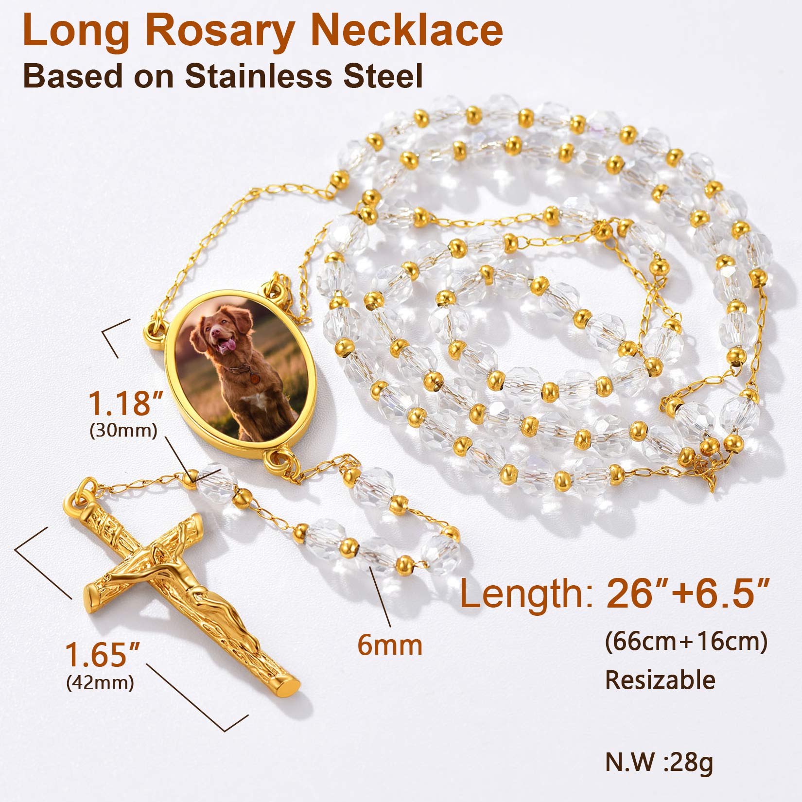Stainless steel photo rosary necklace, personalized with a dog picture, cross pendant