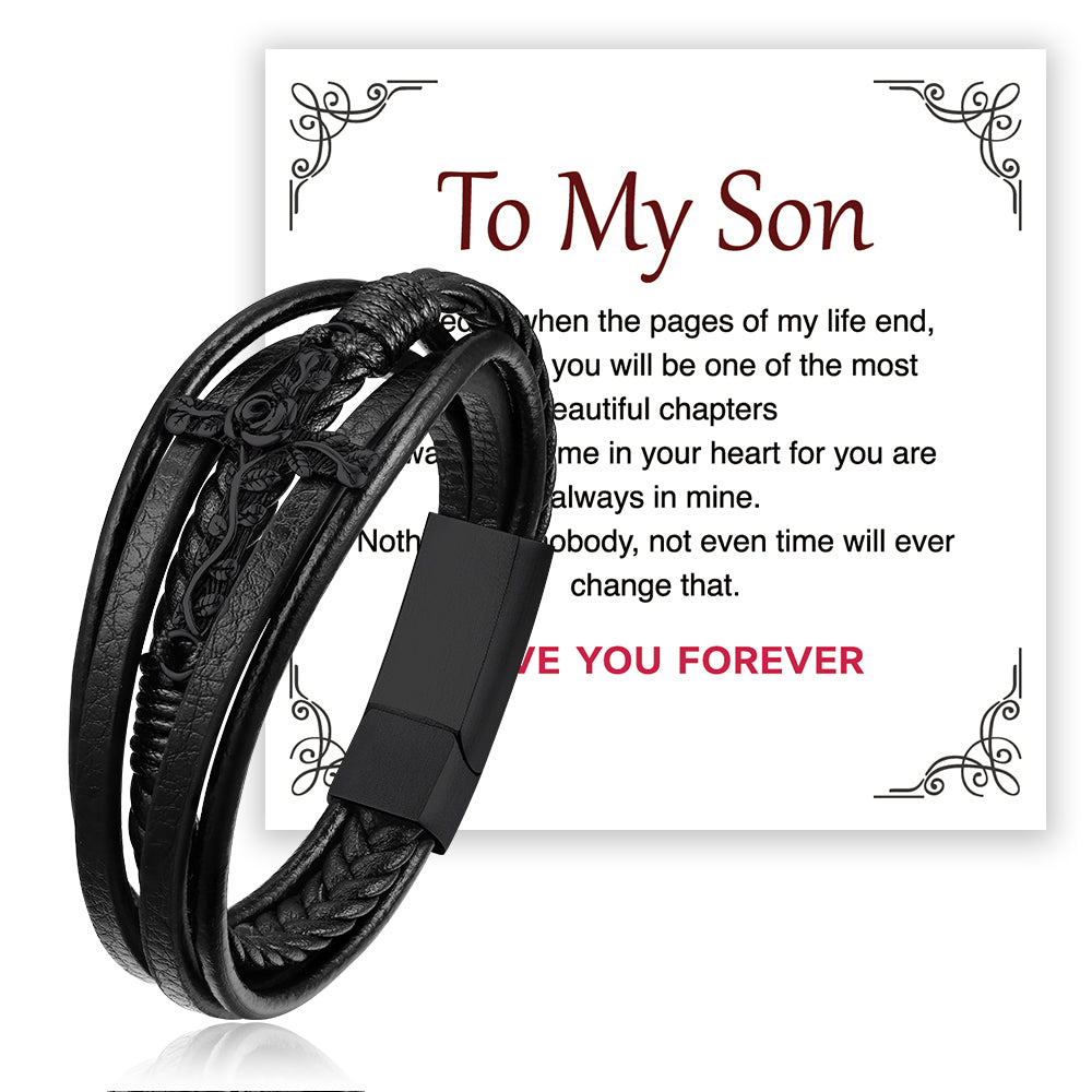 Black cross leather bracelet with 'To My Son' card, a gift for men