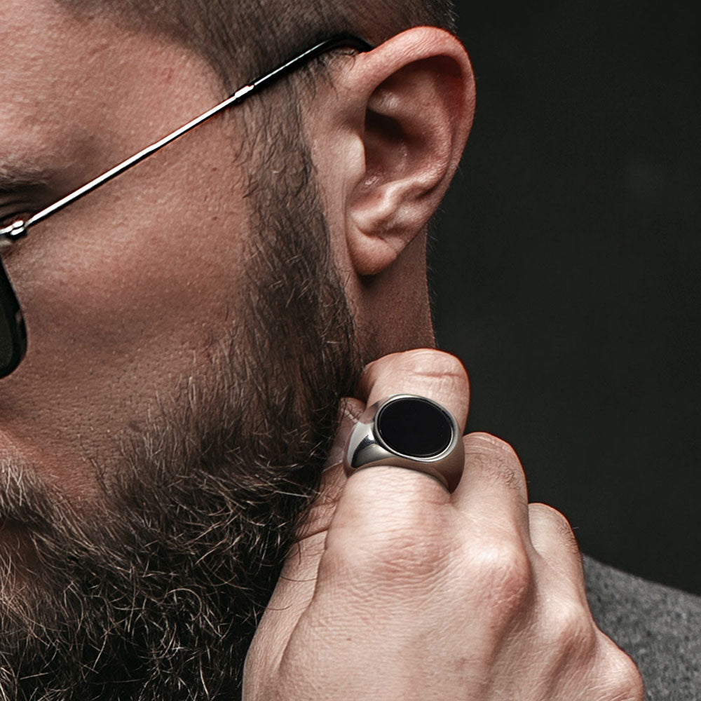 FaithHeart Round Black Onyx Signet Ring for Men FaithHeart