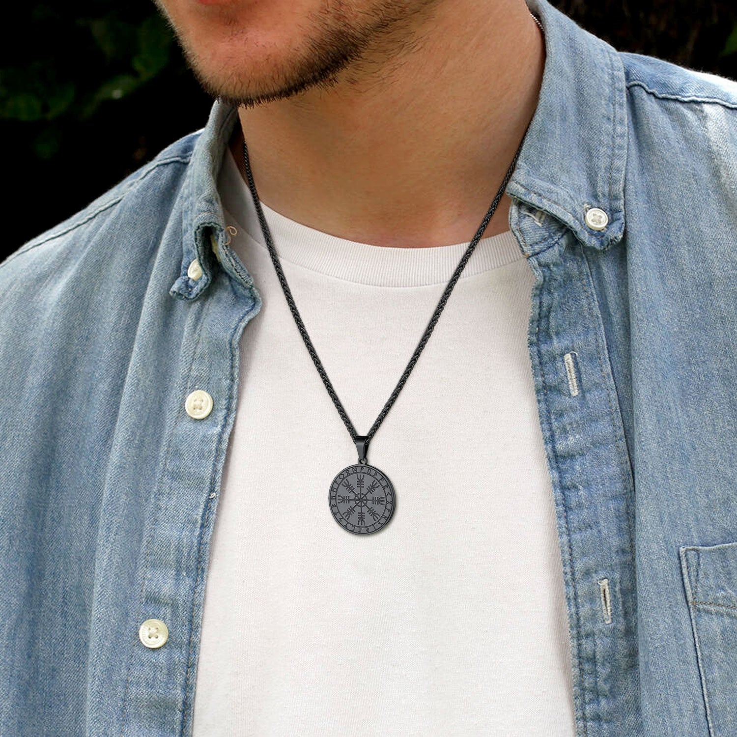 Man wearing Viking Norse Runes Compass Necklace