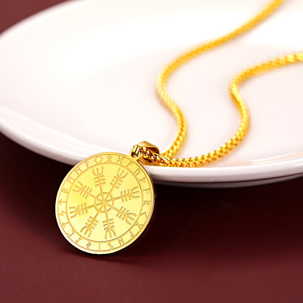 Gold Viking Runes Compass Pendant Necklace