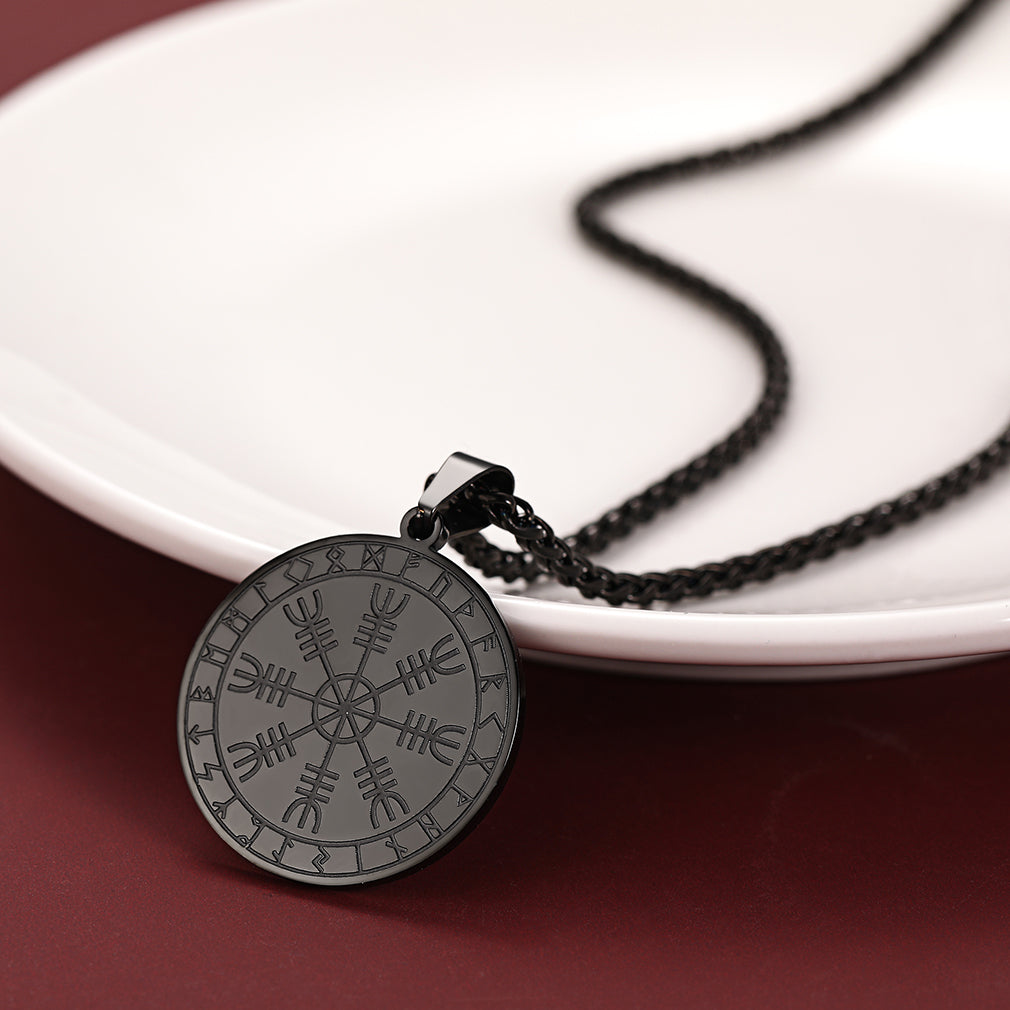 Black Viking Runes Compass Necklace. Norse Amulet Pendant.