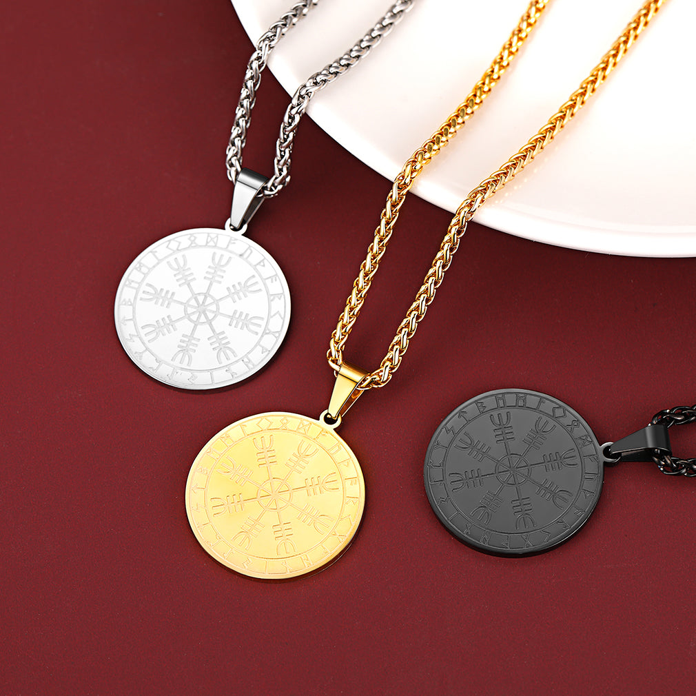 Viking Compass Necklace, Stainless Steel Runes Pendant