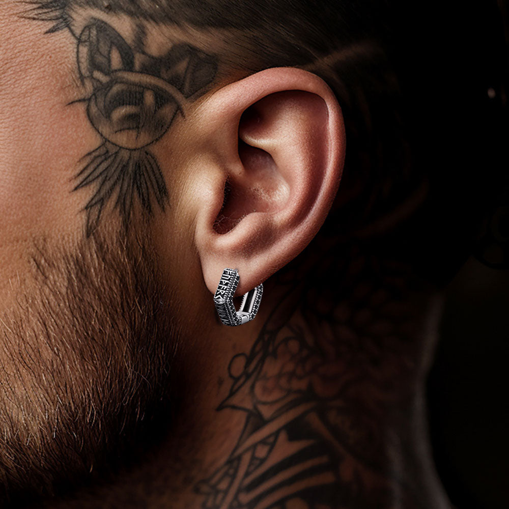 FaithHeart Viking Runes Hexagon Huggie Hoop Earrings for Men FaithHeart