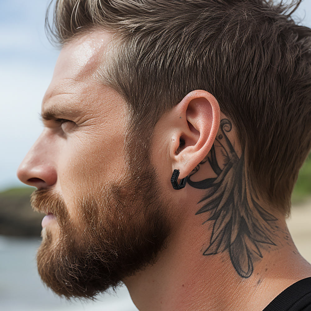 FaithHeart Viking Runes Hexagon Huggie Hoop Earrings for Men FaithHeart