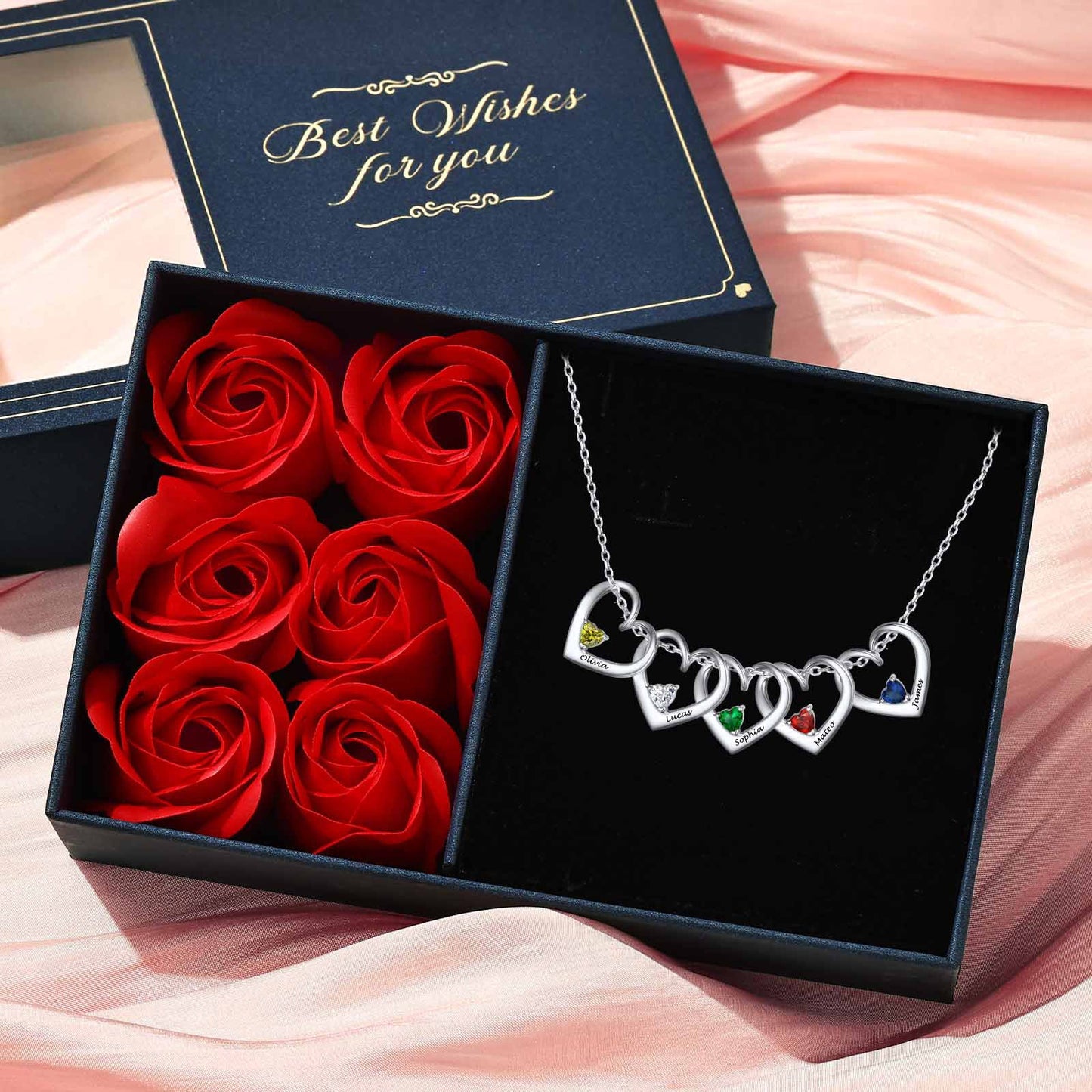 S925 Custom Name Family Necklace With 1-5 Hearts Birthstones Pendant