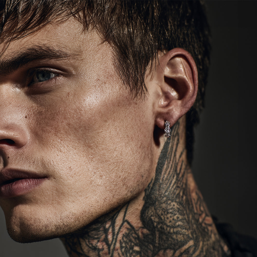 Men Wearing Chunky Rose Hoop Huggie Earrings