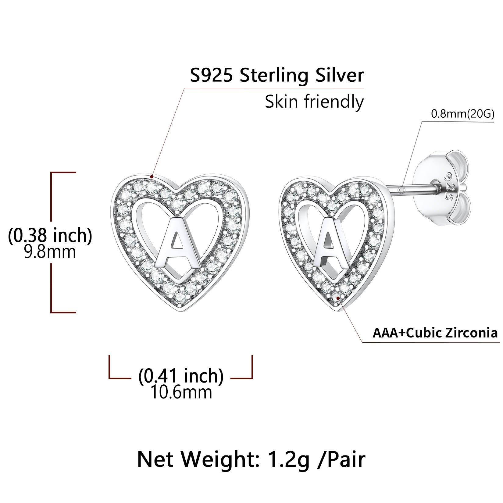 Silver Heart Initial Letter Stud Cubic Zirconia Earrings for Women