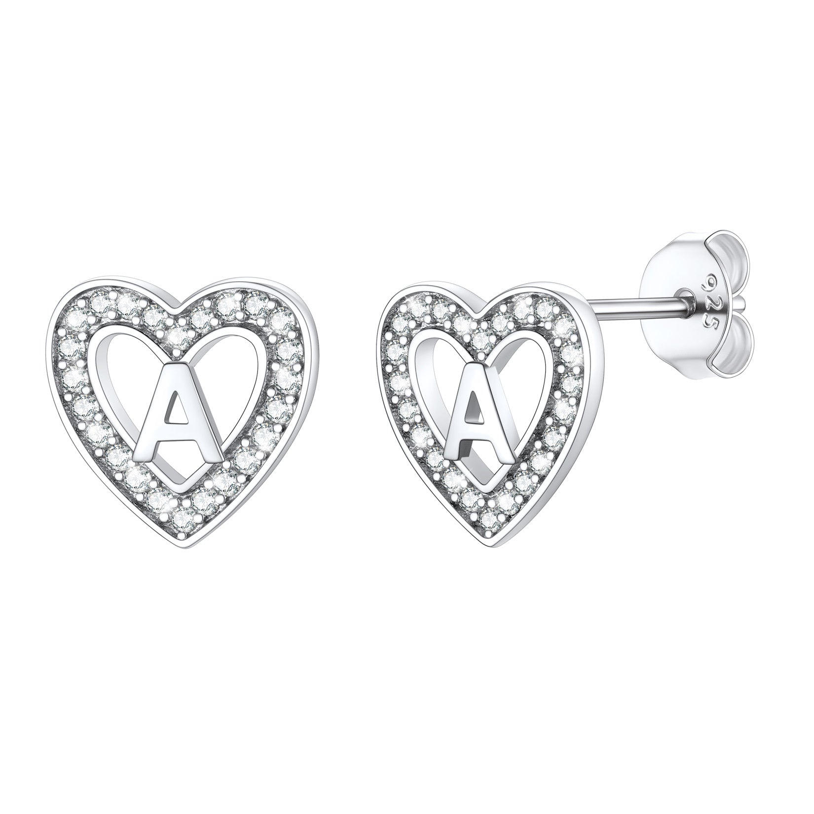 Silver Heart Initial Letter Stud Cubic Zirconia Earrings for Women
