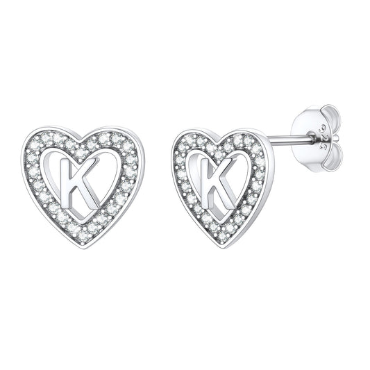 Silver Heart Initial Letter Stud Cubic Zirconia Earrings for Womenimg