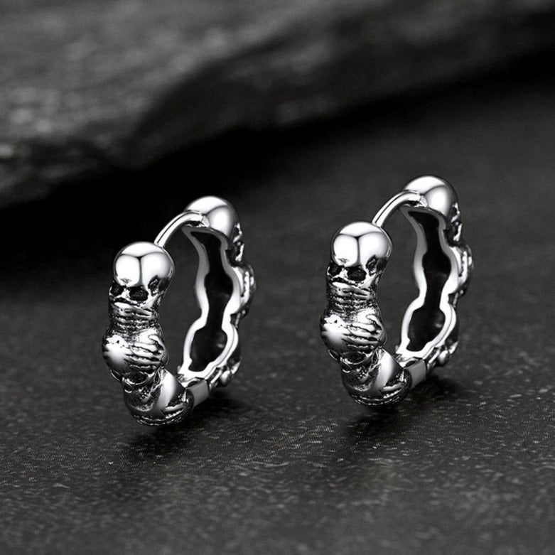 FaithHeart Gothic Skull Sterling Silver Hoop Earrings For Men FaithHeart