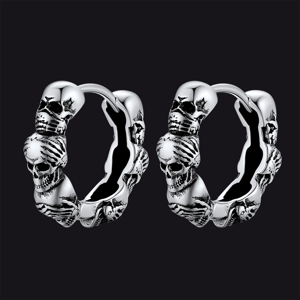 FaithHeart Sterling Silver Gothic Skull Hoop Earrings For Men FaithHeart