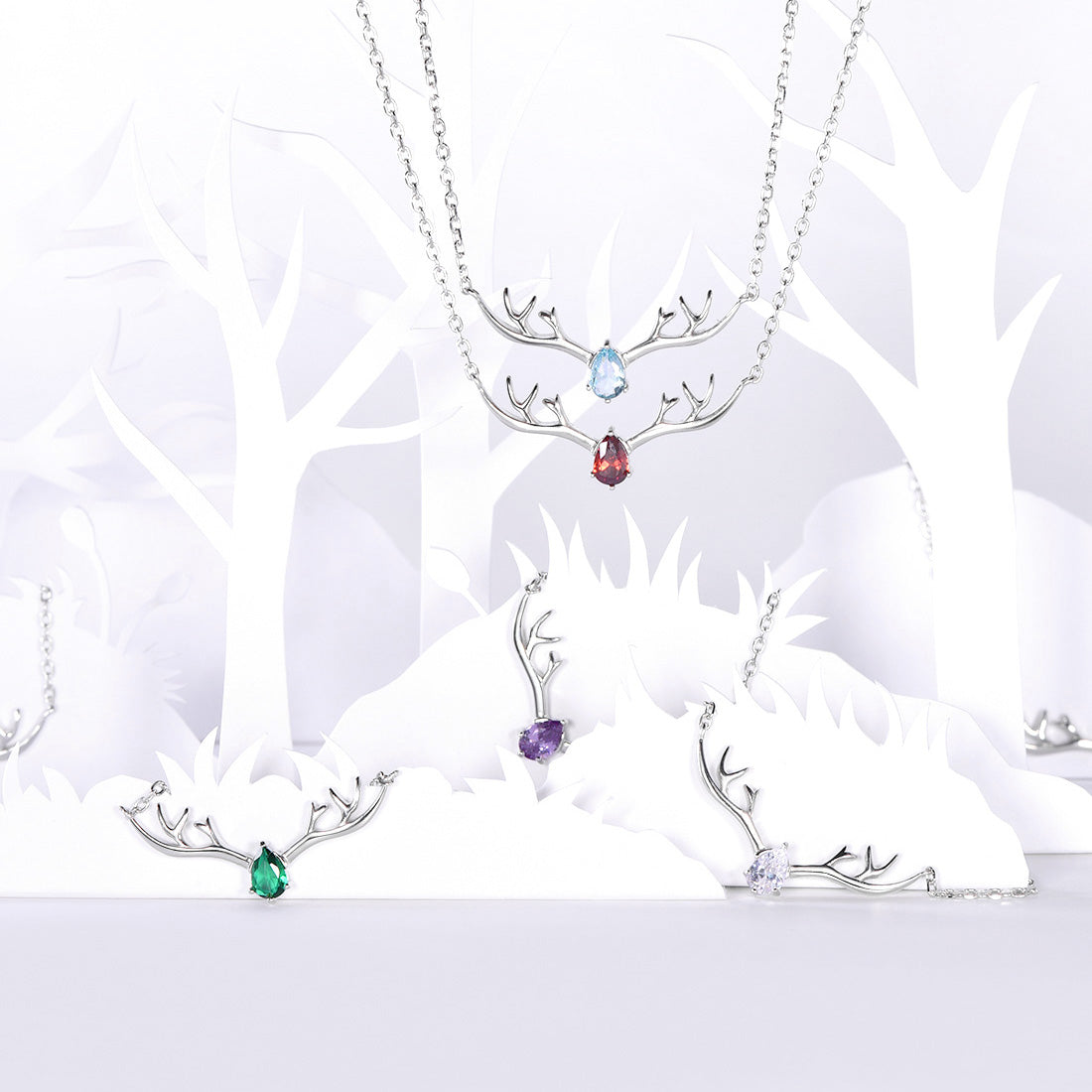 Customized Sterling Silver Antler Necklace with Birthstone For Women