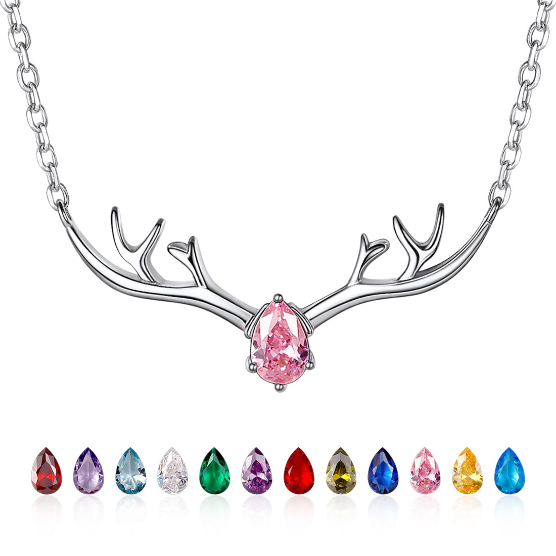Customized Sterling Silver Antler Necklace with Birthstone For Women BIRTHSTONES JEWELRY
