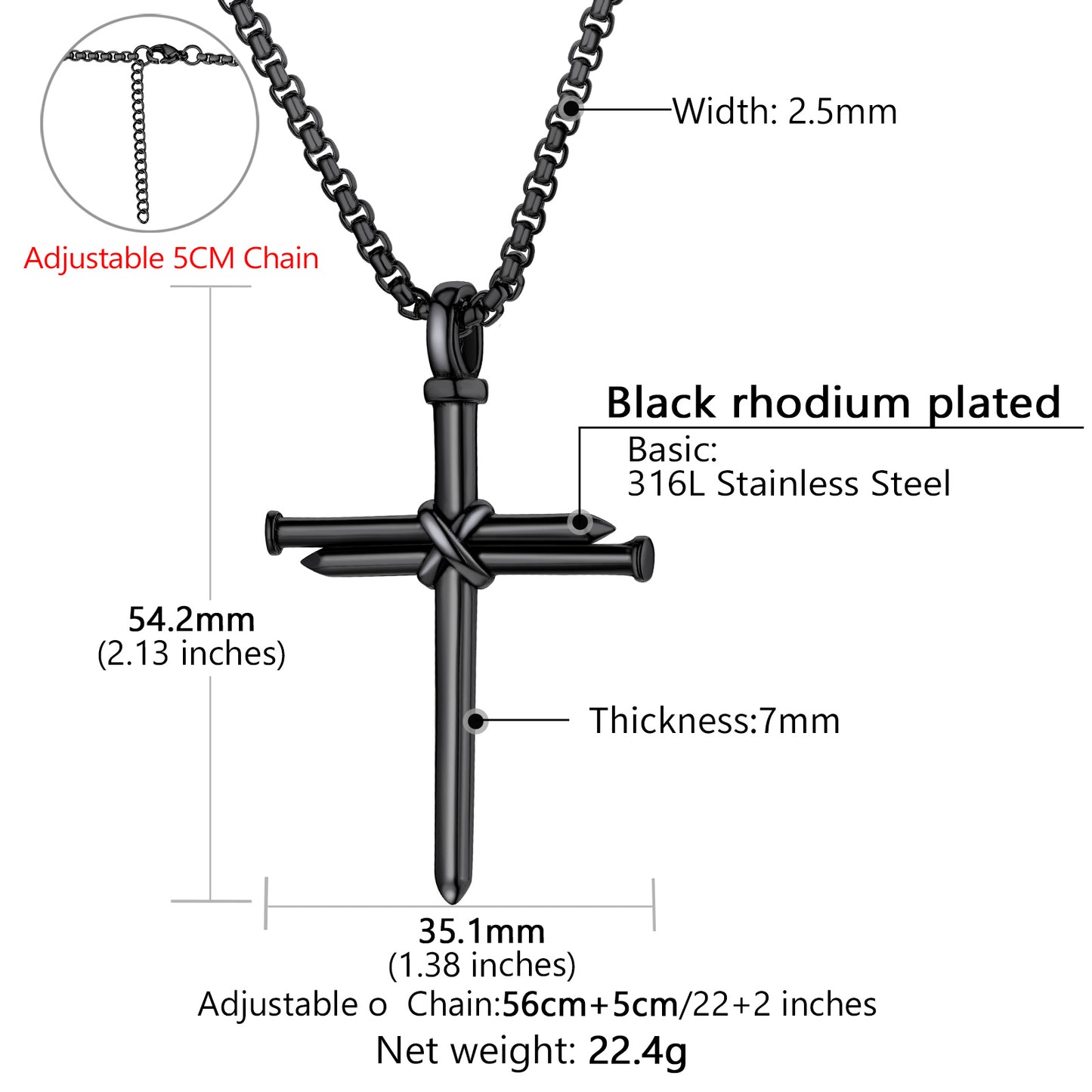 Black nail cross pendant necklace with dimension details