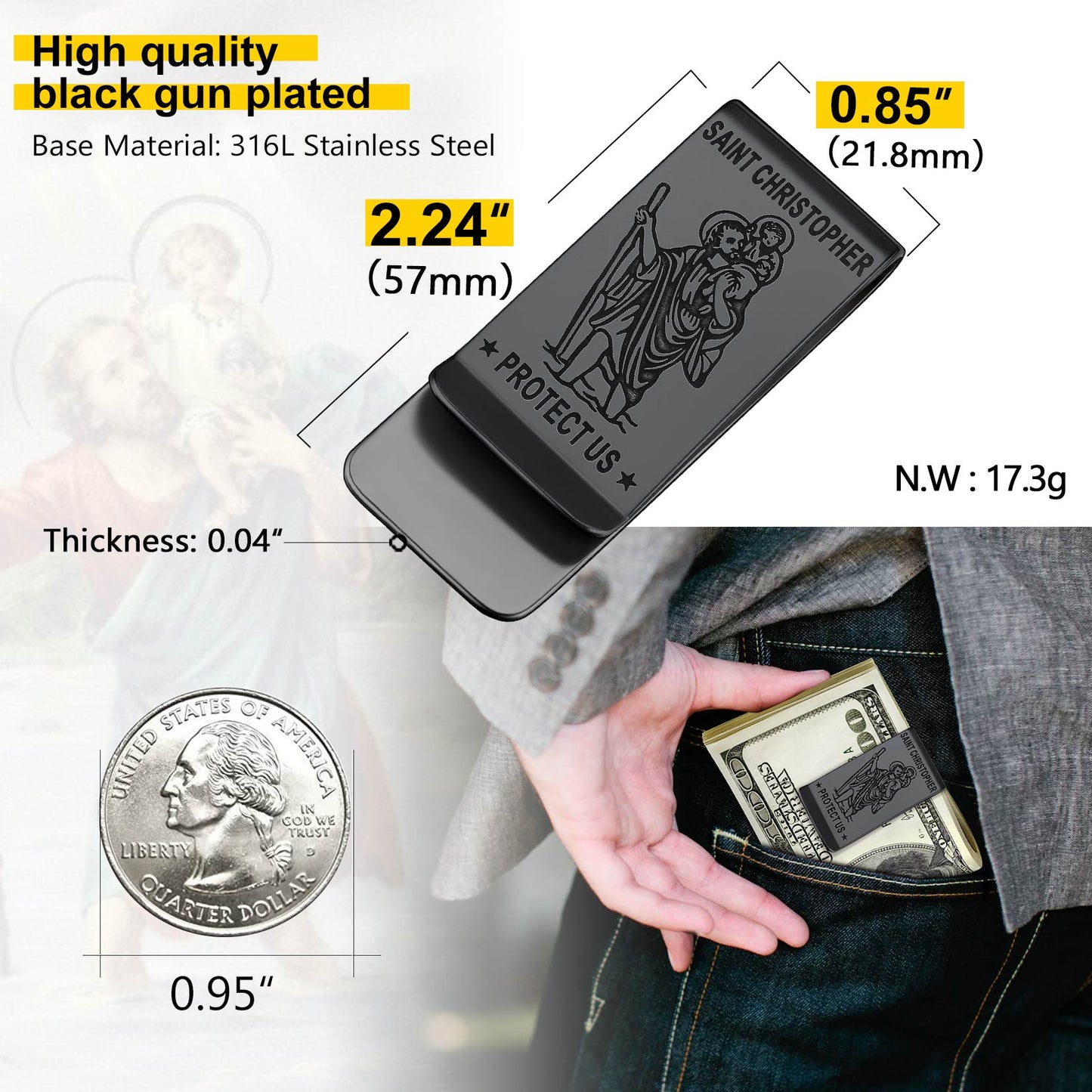 Black gun plated Saint Christopher money clip, men's accessory, stainless steel