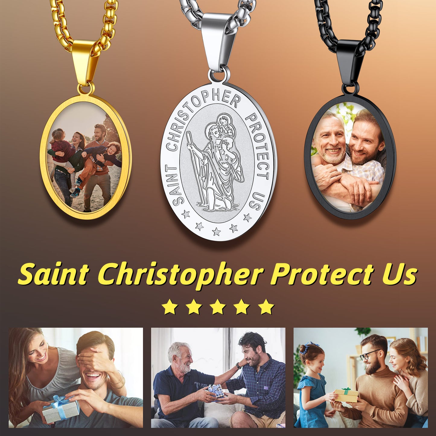 Saint Christopher necklace, personalized pic, stainless steel. Gold, silver, black. Faith & style.