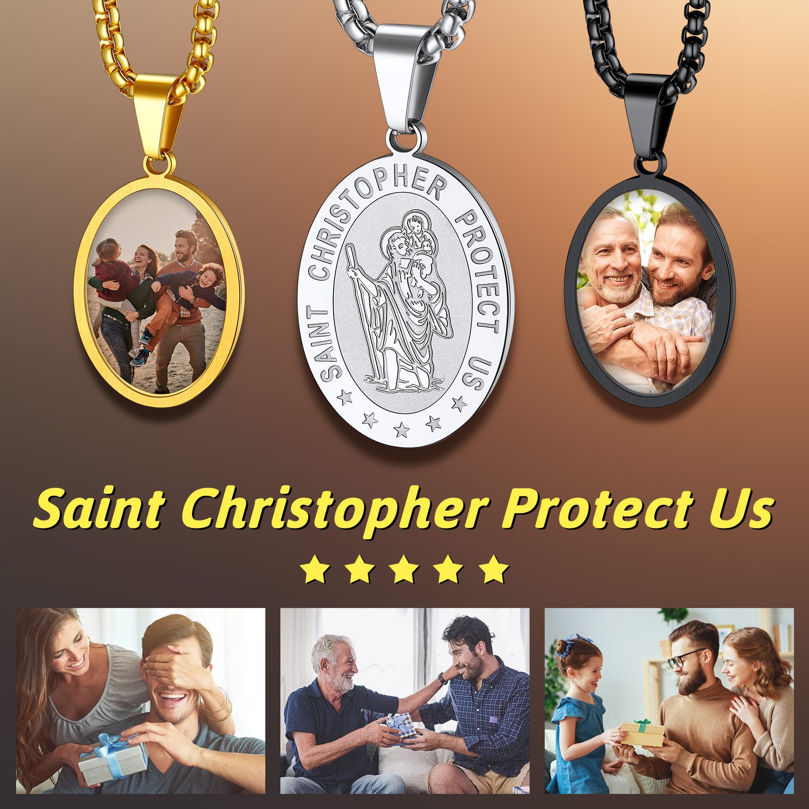 Saint Christopher necklace, personalized pic, stainless steel. Gold, silver, black. Faith & style.