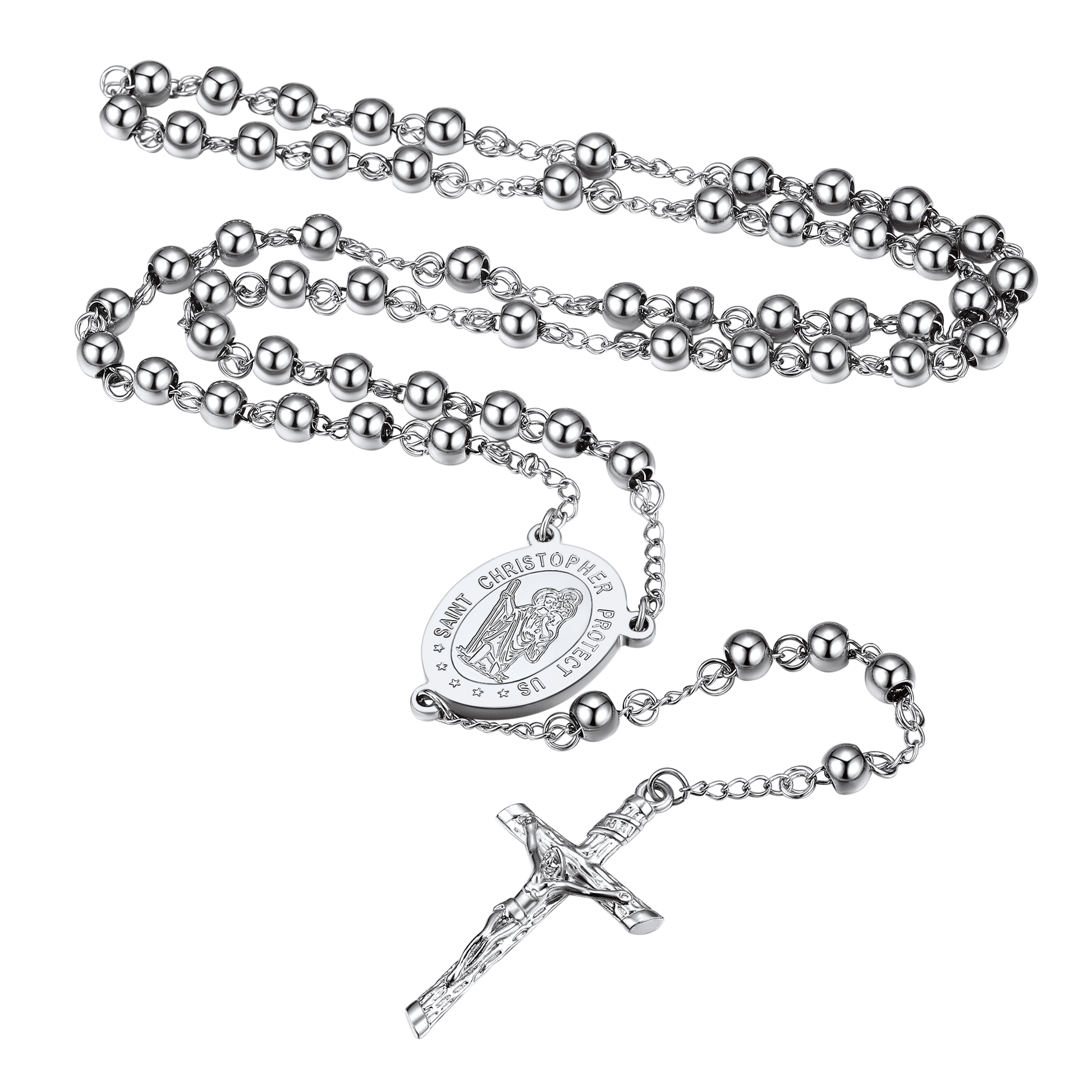 Saint Christopher Rosary Bead Cross Necklace, Stainless Steel