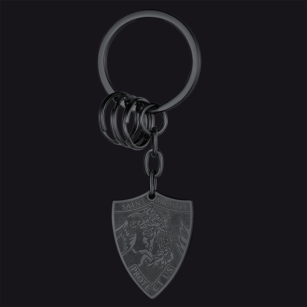 Saint Michael Keychain for Men: black shield pendant