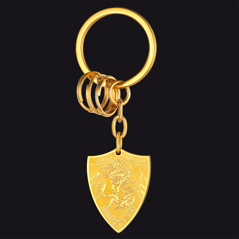 Gold Saint Michael Keychain, Protect Us prayer