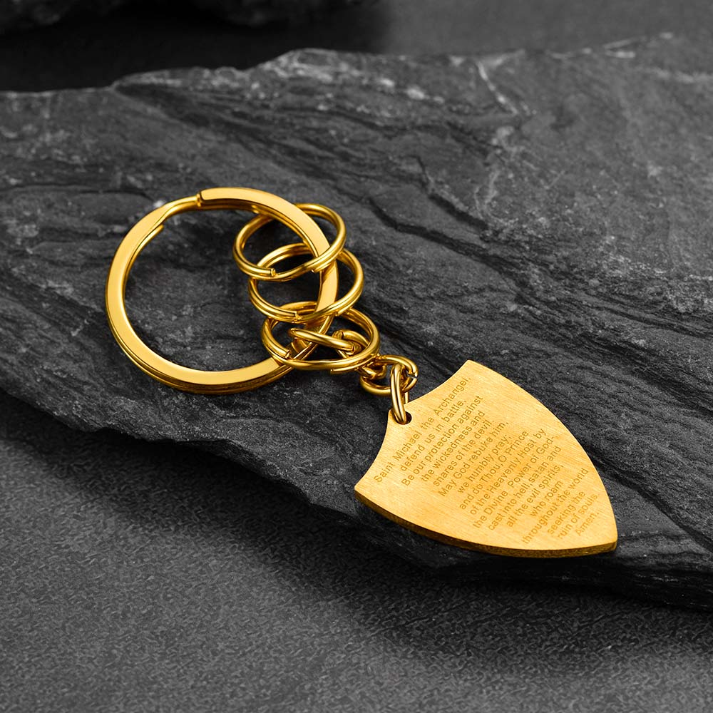 Saint Michael Archangel Keychain with prayer, gold, for protection