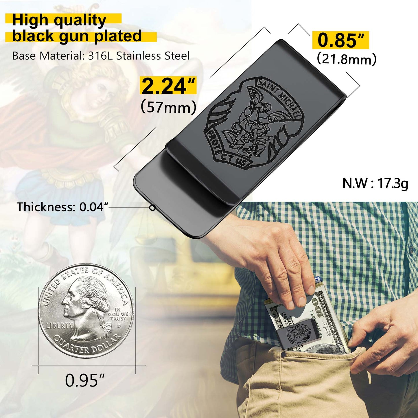Saint Michael Money Clip showing dimensions and in pocket