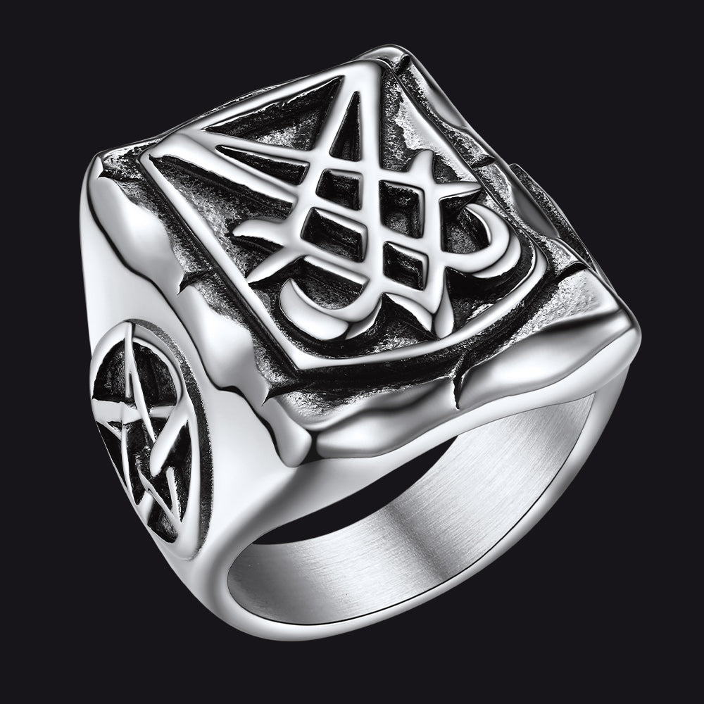 FaithHeart Satanic Lucifer Stainless Steel Signet Ring for Men FaithHeart