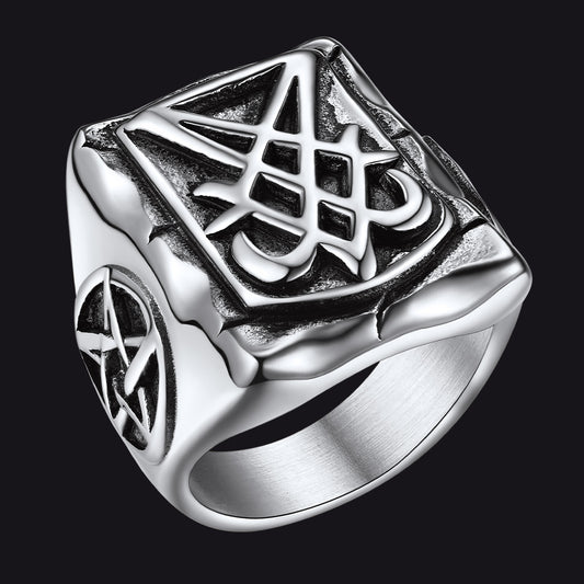 FaithHeart Satanic Lucifer Stainless Steel Signet Ring for Men FaithHeartimg