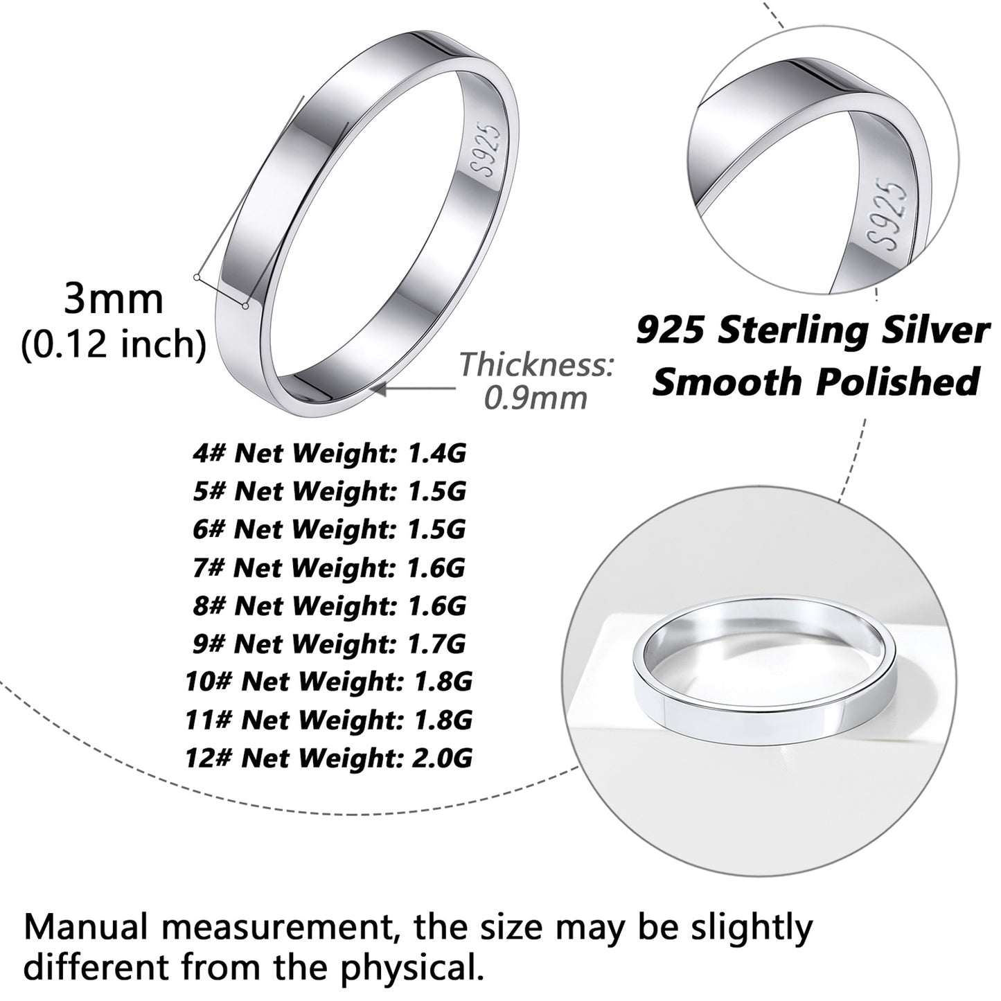 925 Sterling Silver Band Ring Details, 3mm/5mm Width, Sterling Silver