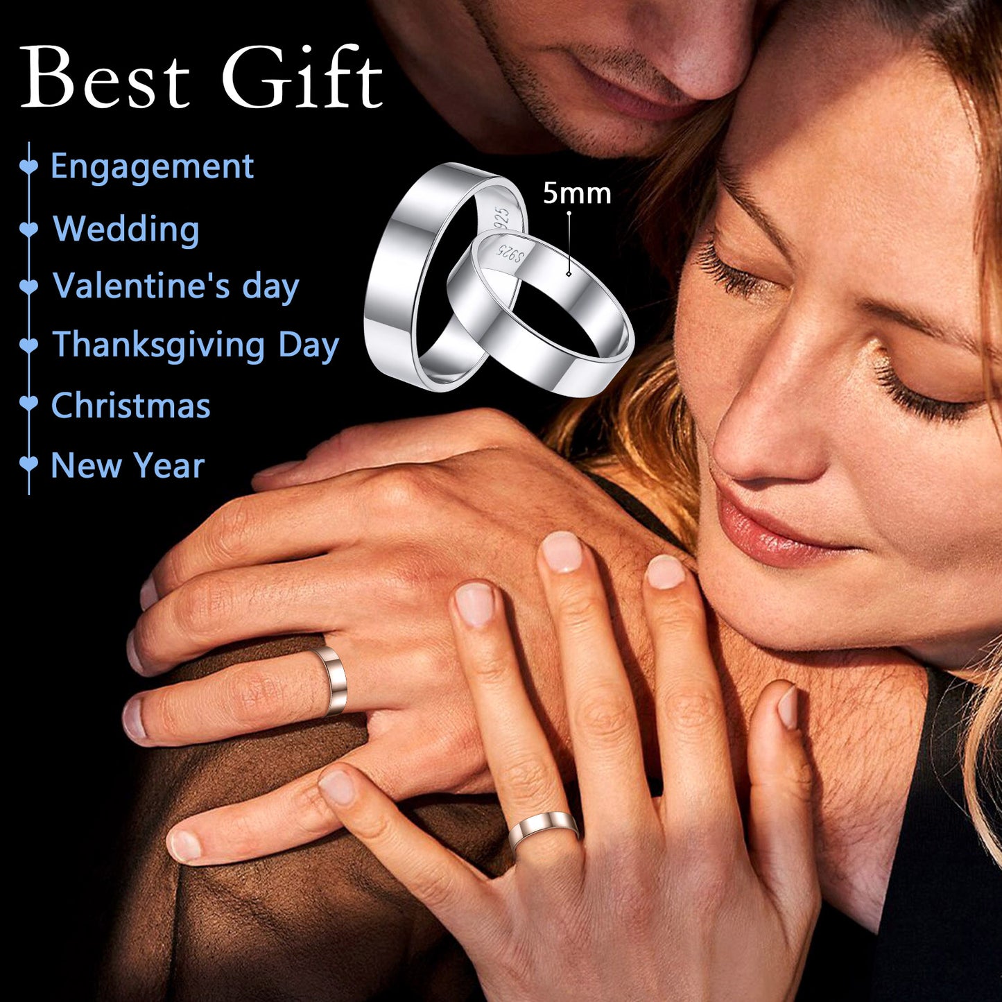 Couple wearing matching sterling silver band rings, best gift for engagement