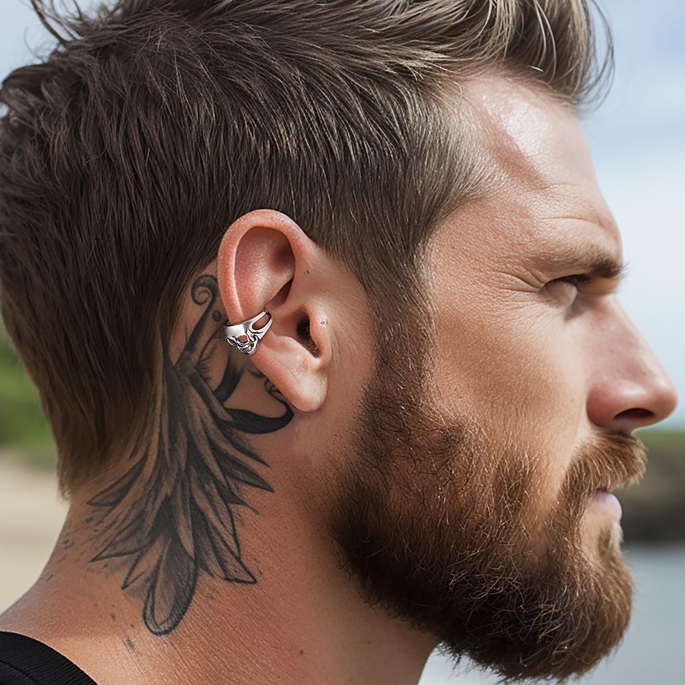 FaithHeart Sterling Silver Gothic Skull Ear Cuff Earrings For Men FaithHeart
