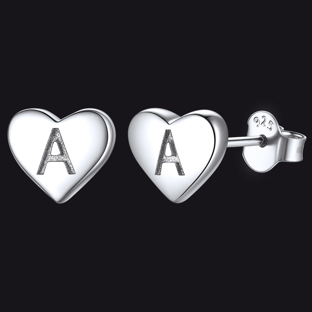 925 Sterling Silver Heart Initial Stud Earrings for Women Men