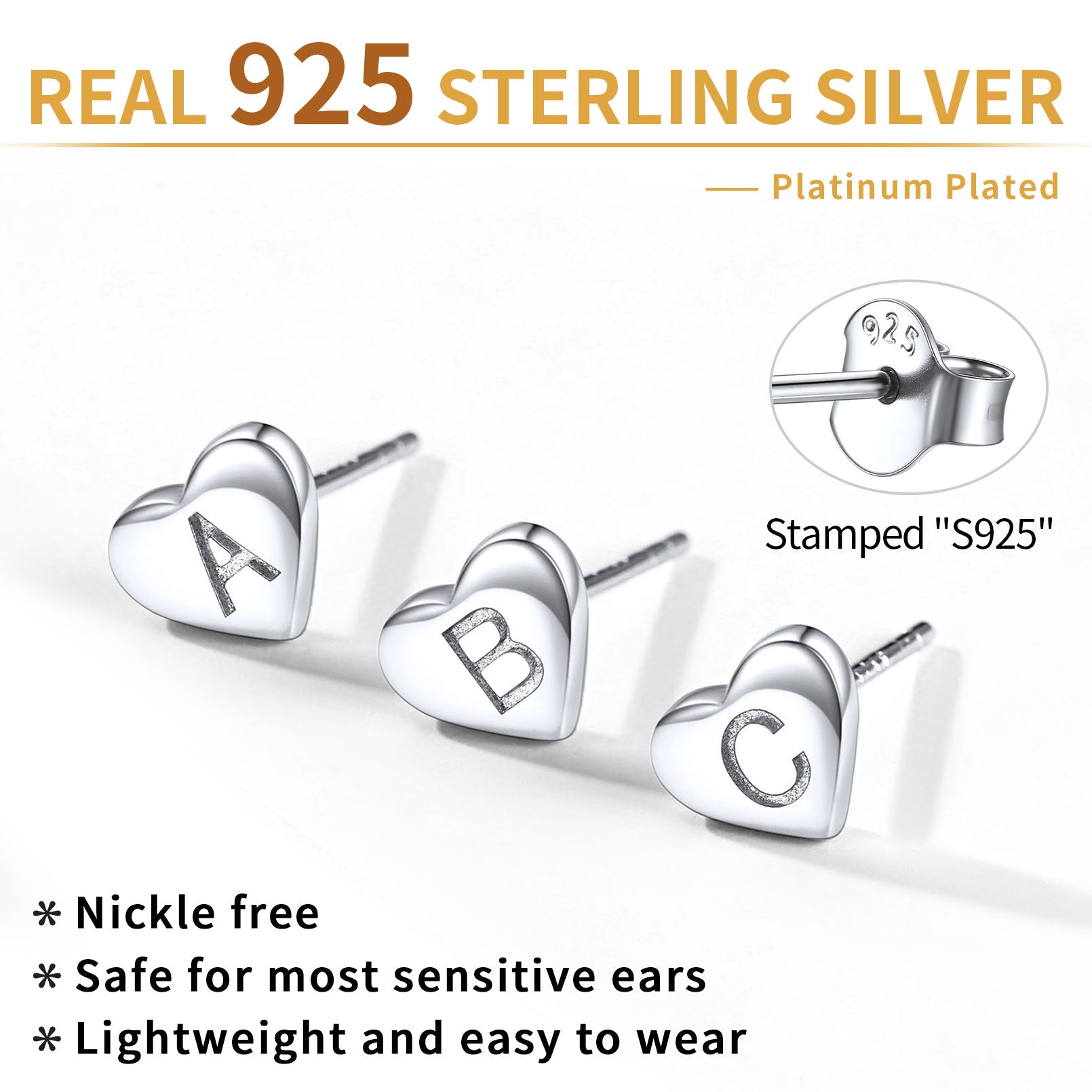 925 Sterling Silver Heart Initial Stud Earrings for Women Men