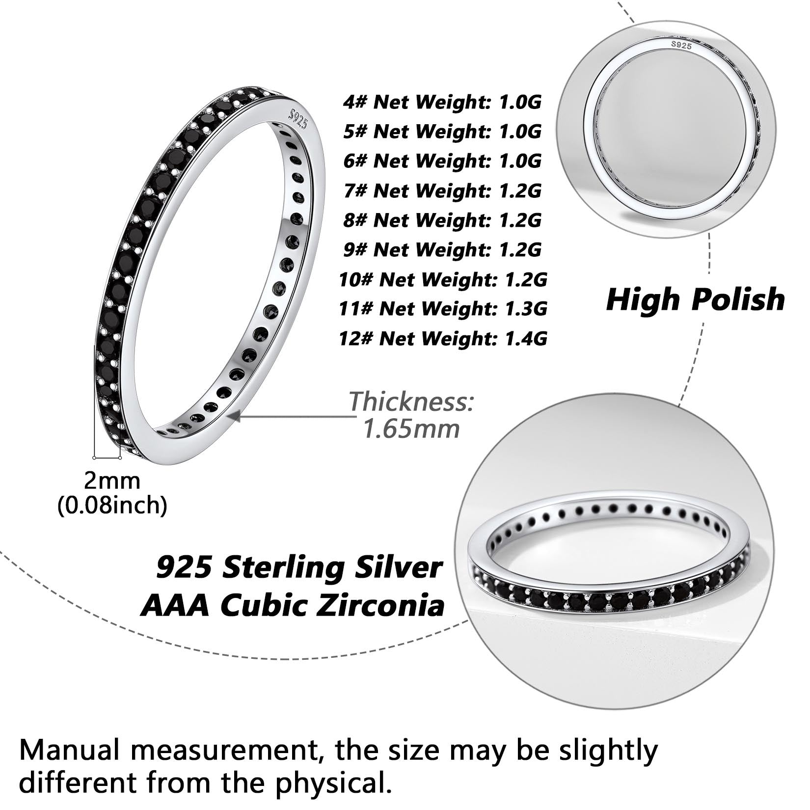 S925 Silver Simple Cubic Zirconia Band Ring Couple BFF Gift