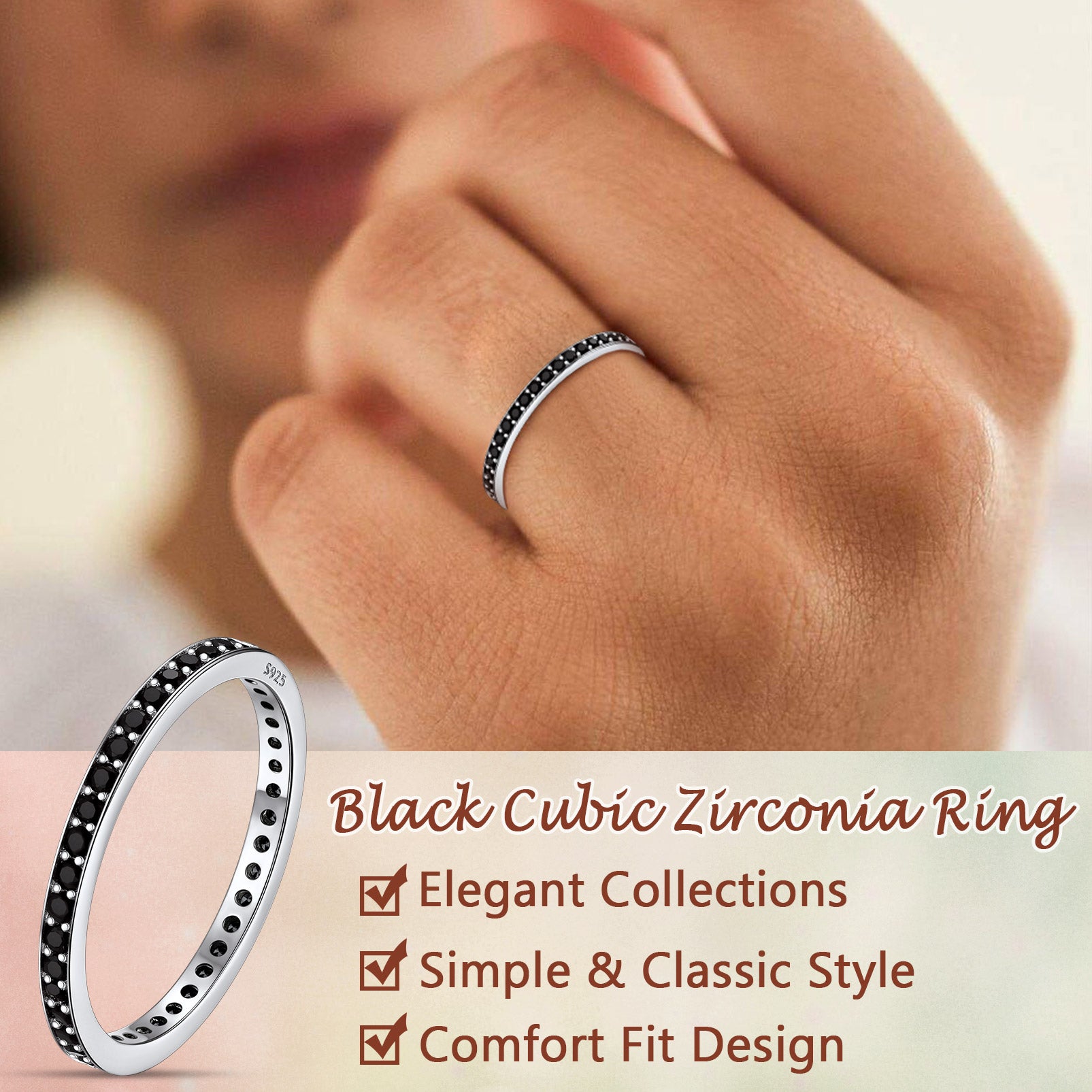 S925 Silver Simple Cubic Zirconia Band Ring Couple BFF Gift