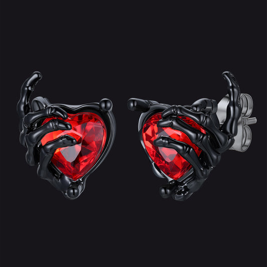 Black Ruby Heart Skull Hand Stud Earrings Gothic Jewelry for Menimg