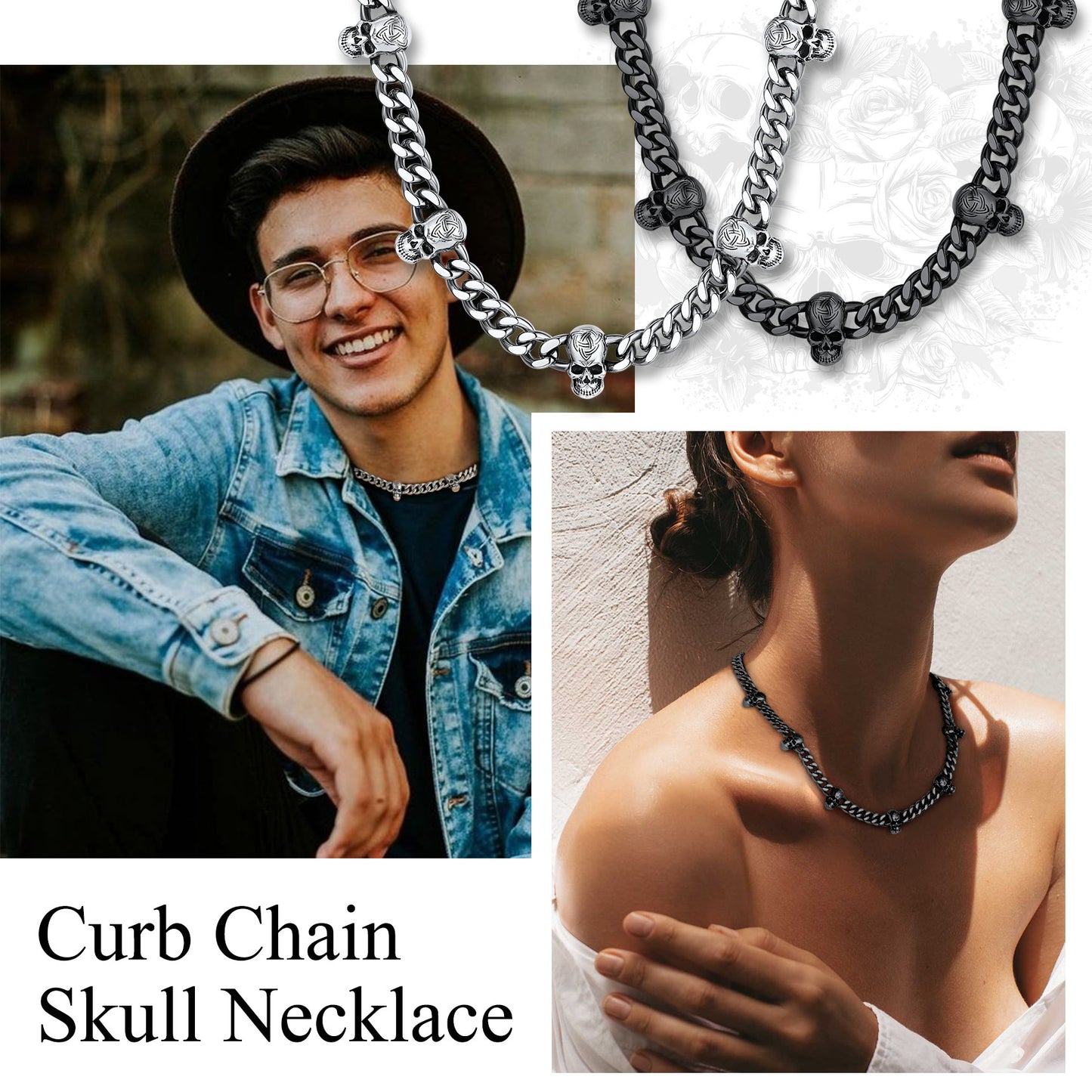Gothic Skull Cuban Link Chain Choker Necklace for Men Women