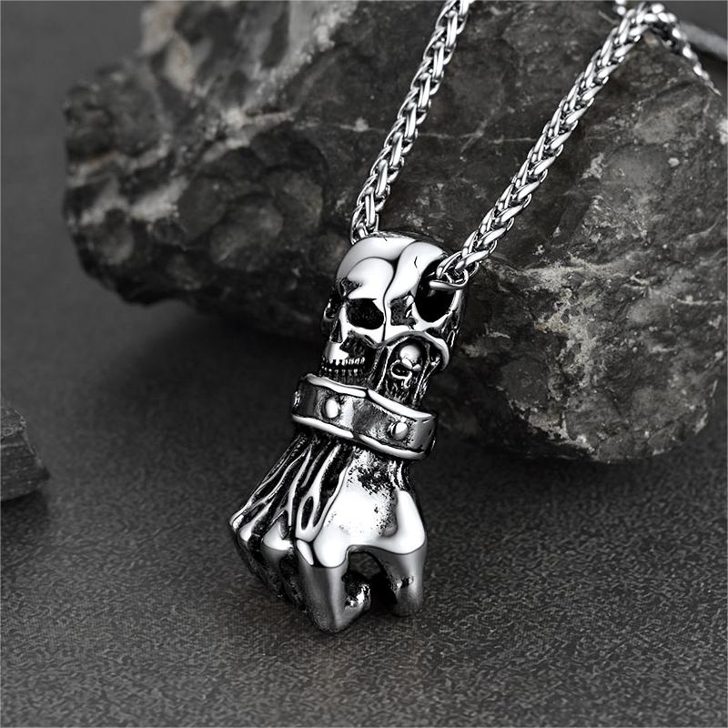Punk skull fist pendant necklace for men, stainless steel