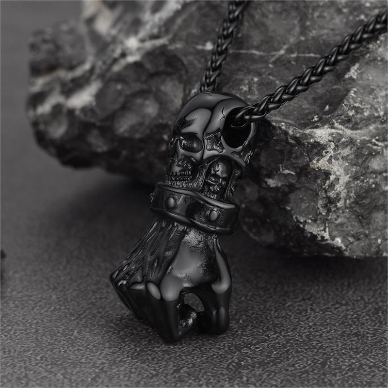 Men's black stainless steel skull fist pendant necklace