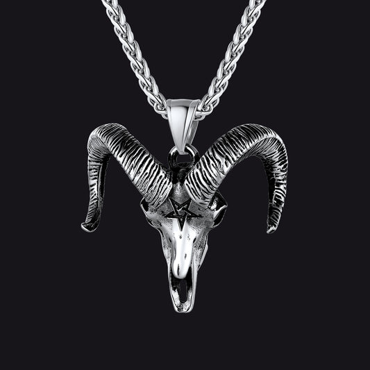Faithheart Skull Satanic Goat Head Necklace with Invert Pentagram for Menimg