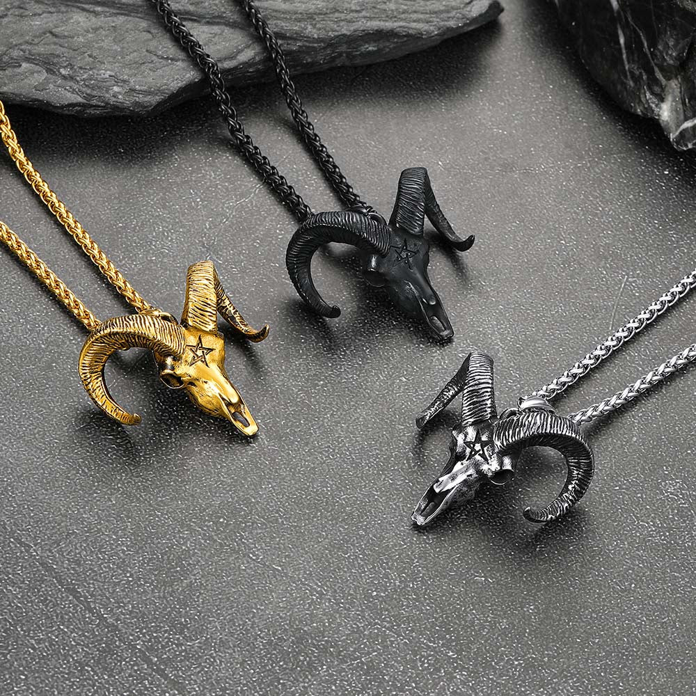 Faithheart Skull Satanic Goat Head Necklace with Invert Pentagram for Men