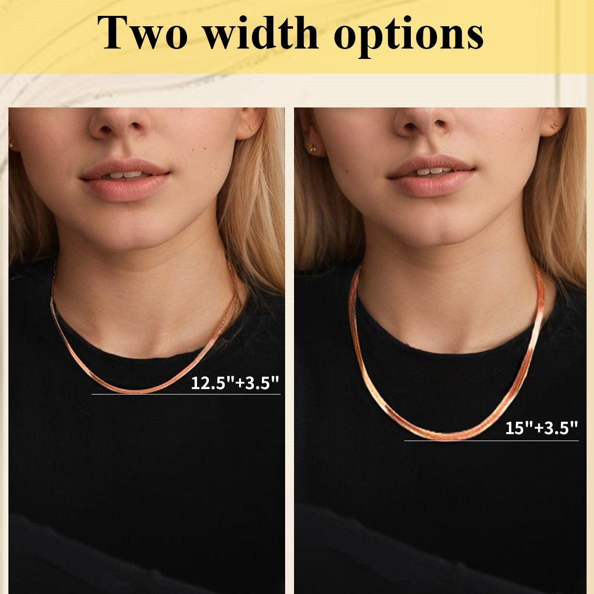 3mm/5mm Width Rose Gold Flat Chain Necklaces Display
