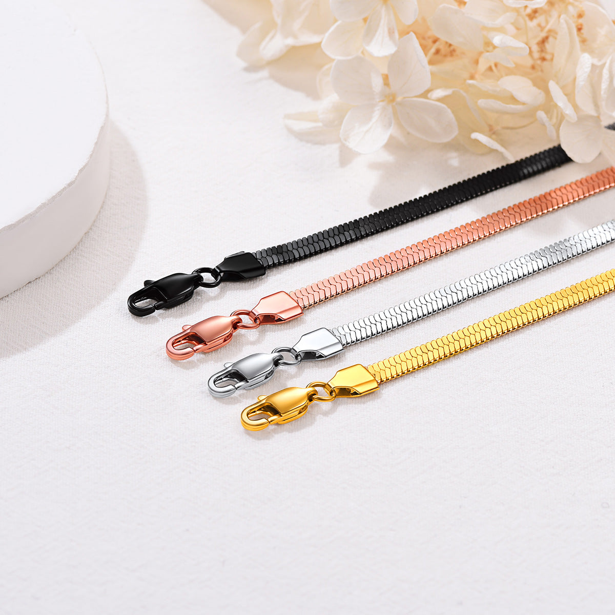 Silver Gold Black Rose Gold Flat Chain Necklaces Display