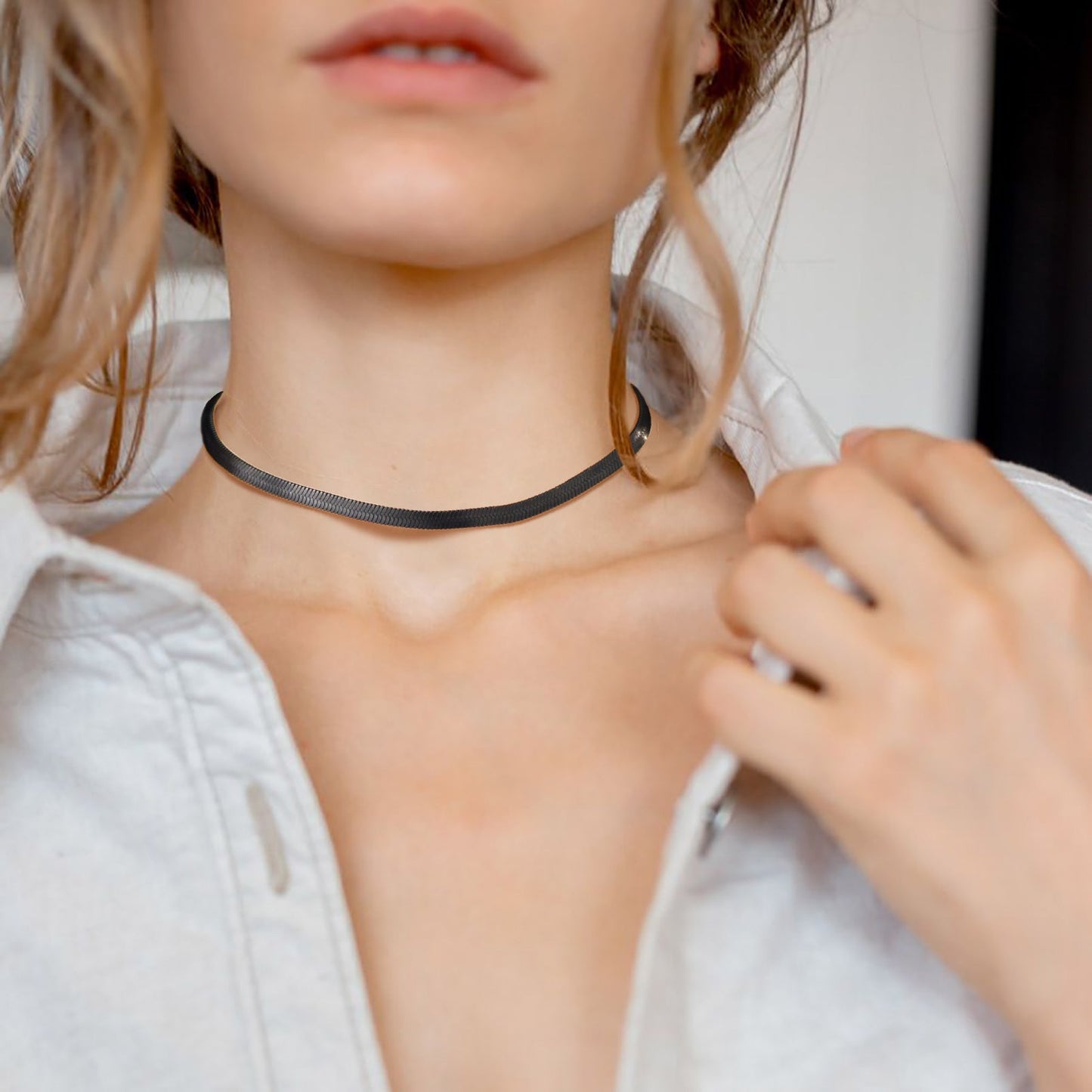 Unisex 5mm Black Flat Link Choker Outfit
