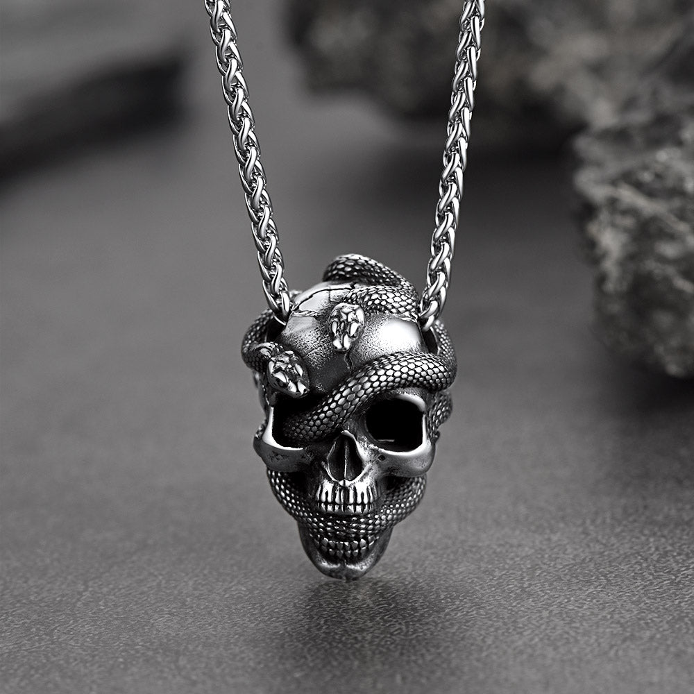 Gothic Snake Skull Pendant Necklace for Men, Stainless Steel